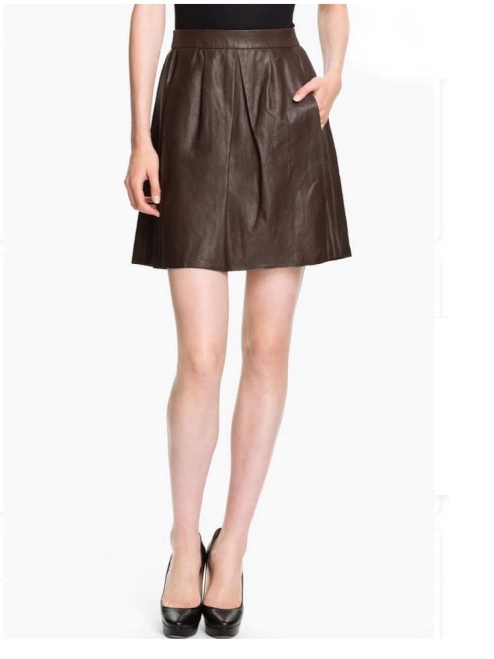 Vince Brown Faux Leather Pleated Mini Skirt
